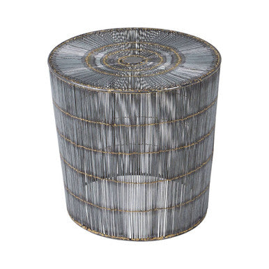 Silver Iron Wire Drum Side Table with Gold Accent Lines