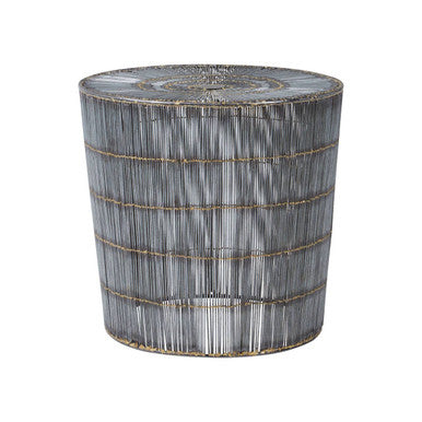 Silver Iron Wire Drum Side Table with Gold Accent Lines