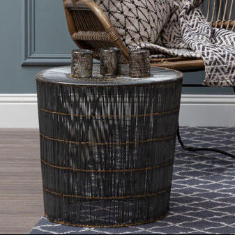 Silver Iron Wire Drum Side Table with Gold Accent Lines