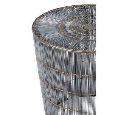 Silver Iron Wire Drum Side Table with Gold Accent Lines