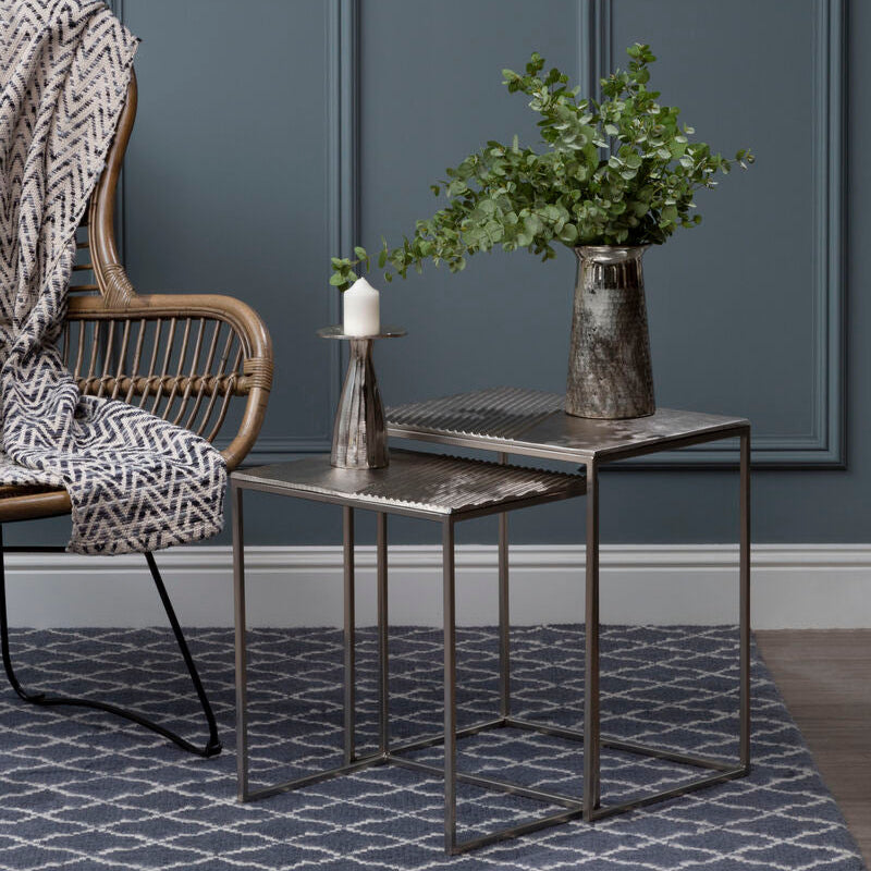 Silver Nickel Rectangular Nesting Tables Set of Two with Textured Aluminium Tops