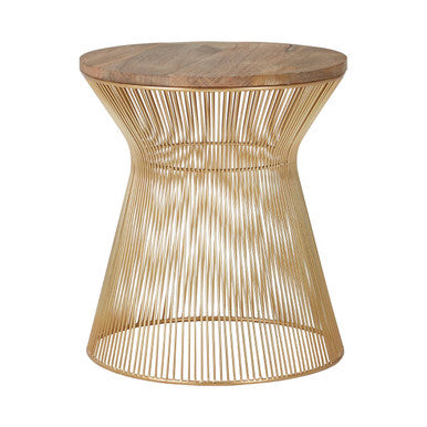 Natural Wood Top Small Coffee Table with Gold Wire Hourglass Base