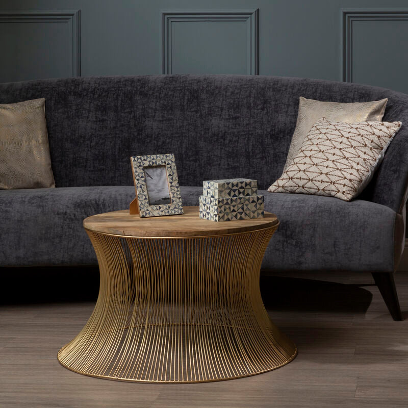 Natural Wood Top Small Coffee Table with Gold Wire Hourglass Base