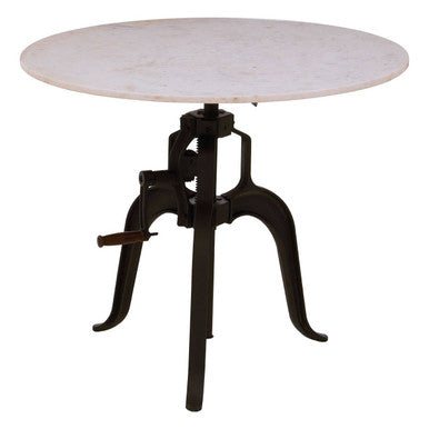 White Marble Top Small Bar Table with Black Iron Legs and Adjustable Height