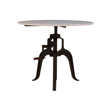White Marble Top Small Bar Table with Black Iron Legs and Adjustable Height