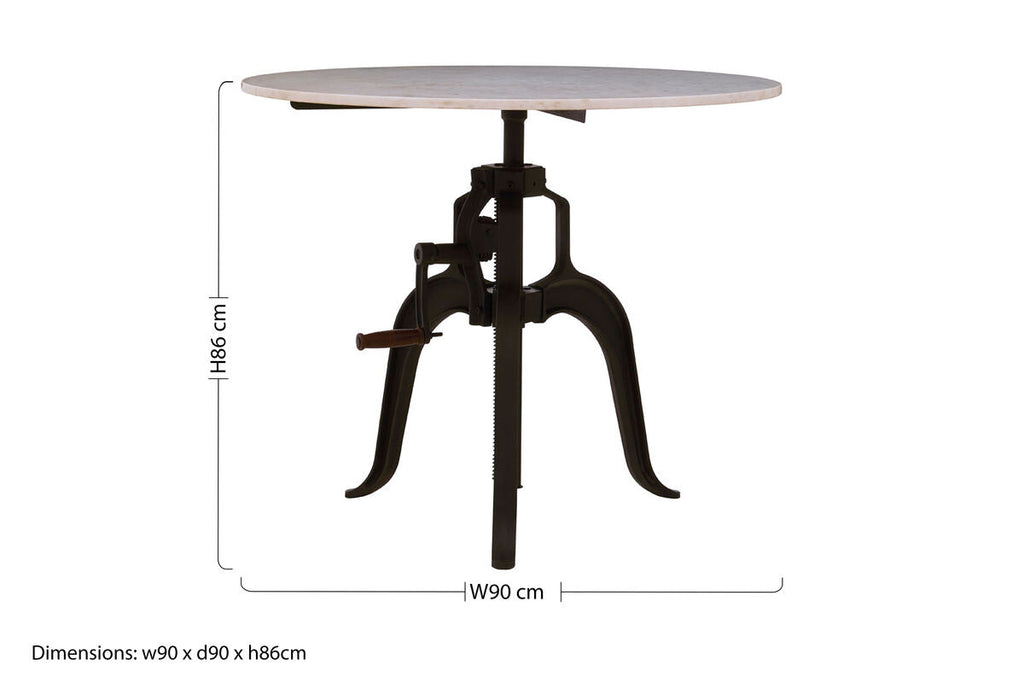 White Marble Top Small Bar Table with Black Iron Legs and Adjustable Height