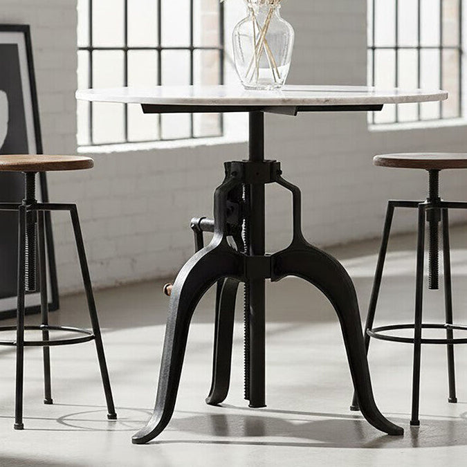 White Marble Top Small Bar Table with Black Iron Legs and Adjustable Height