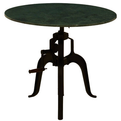 Green Marble Top Small Bar Table with Black Iron Legs and Crank Adjustment