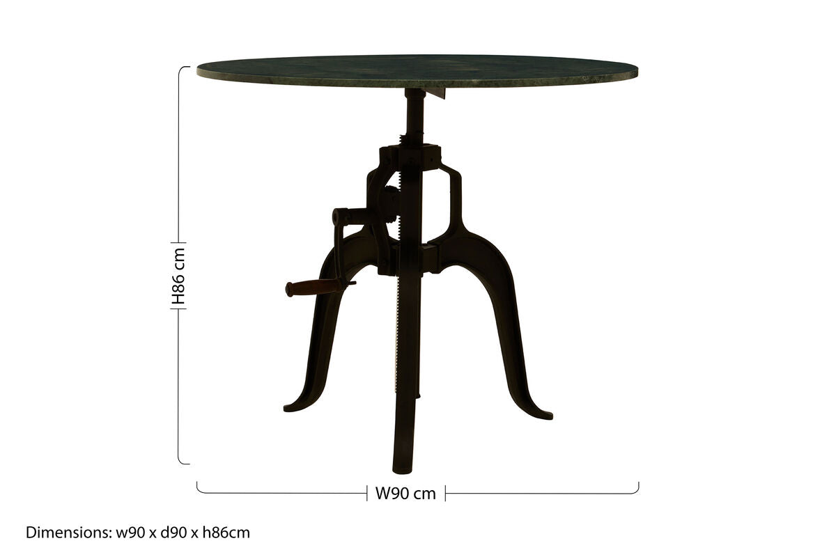 Green Marble Top Small Bar Table with Black Iron Legs and Crank Adjustment