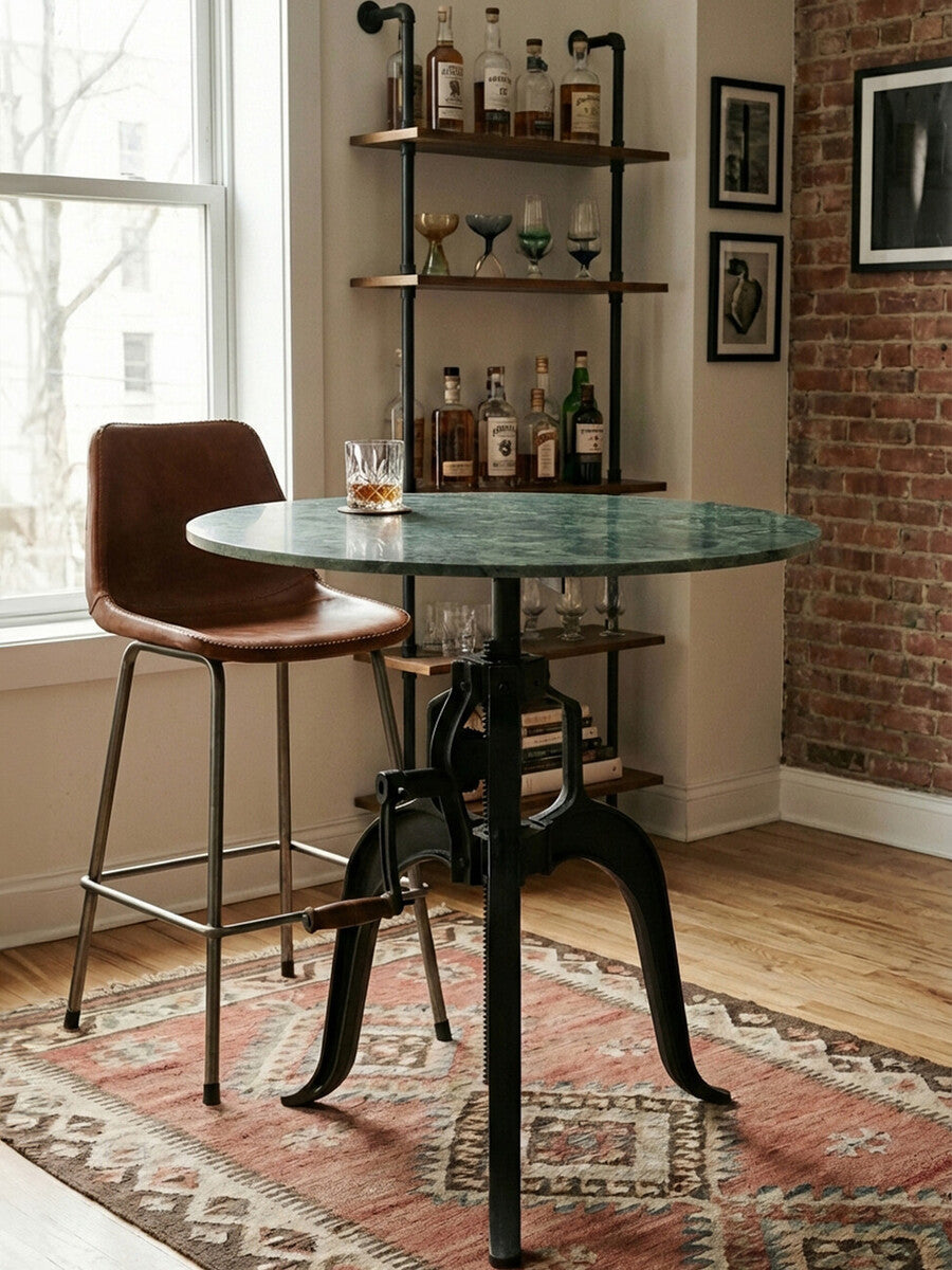 Green Marble Top Small Bar Table with Black Iron Legs and Crank Adjustment