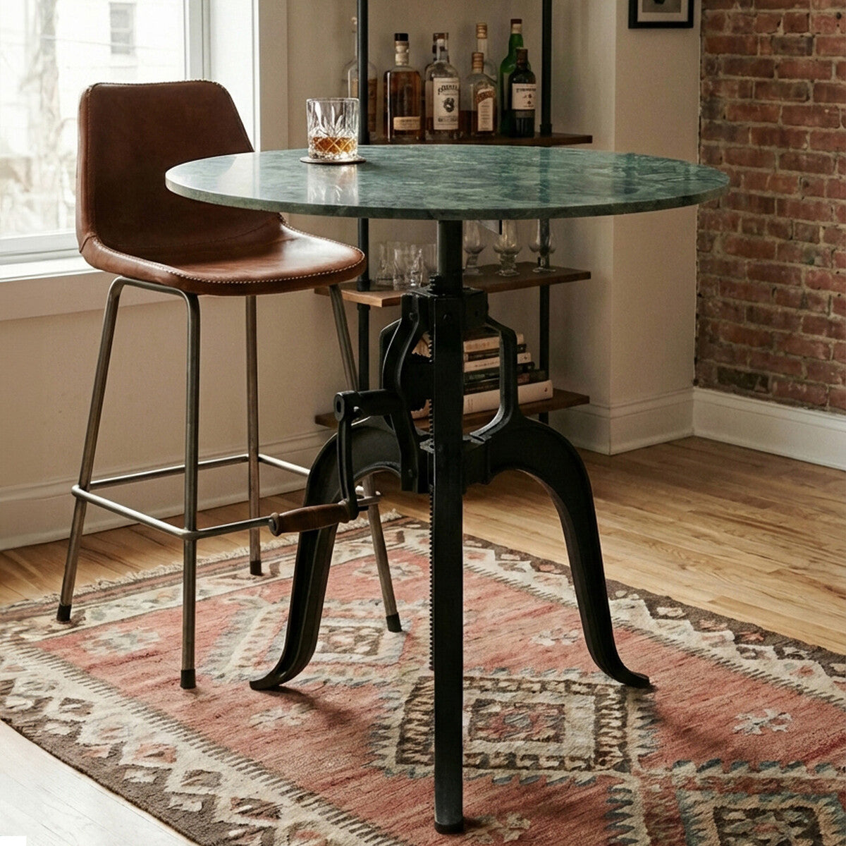 Green Marble Top Small Bar Table with Black Iron Legs and Crank Adjustment