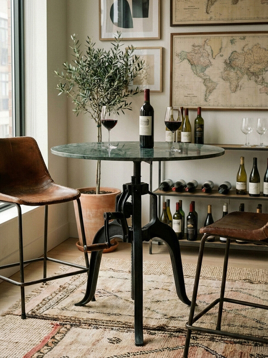 Green Marble Top Small Bar Table with Black Iron Legs and Crank Adjustment