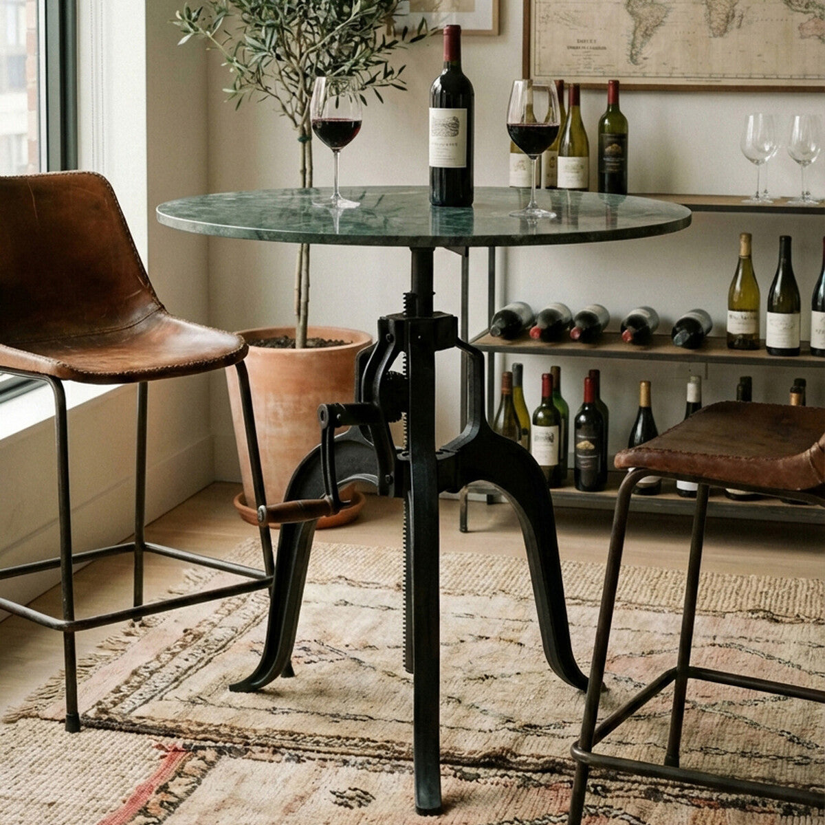 Green Marble Top Small Bar Table with Black Iron Legs and Crank Adjustment