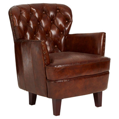 Brown Leather Armchair with Button Tufted Back