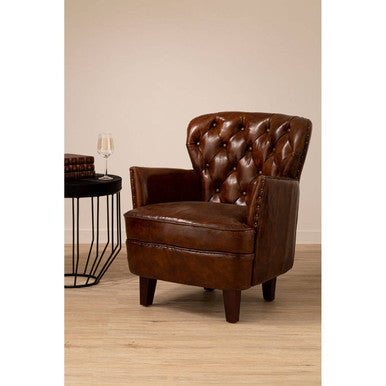 Brown Leather Armchair with Button Tufted Back