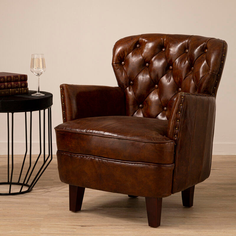 Brown Leather Armchair with Button Tufted Back