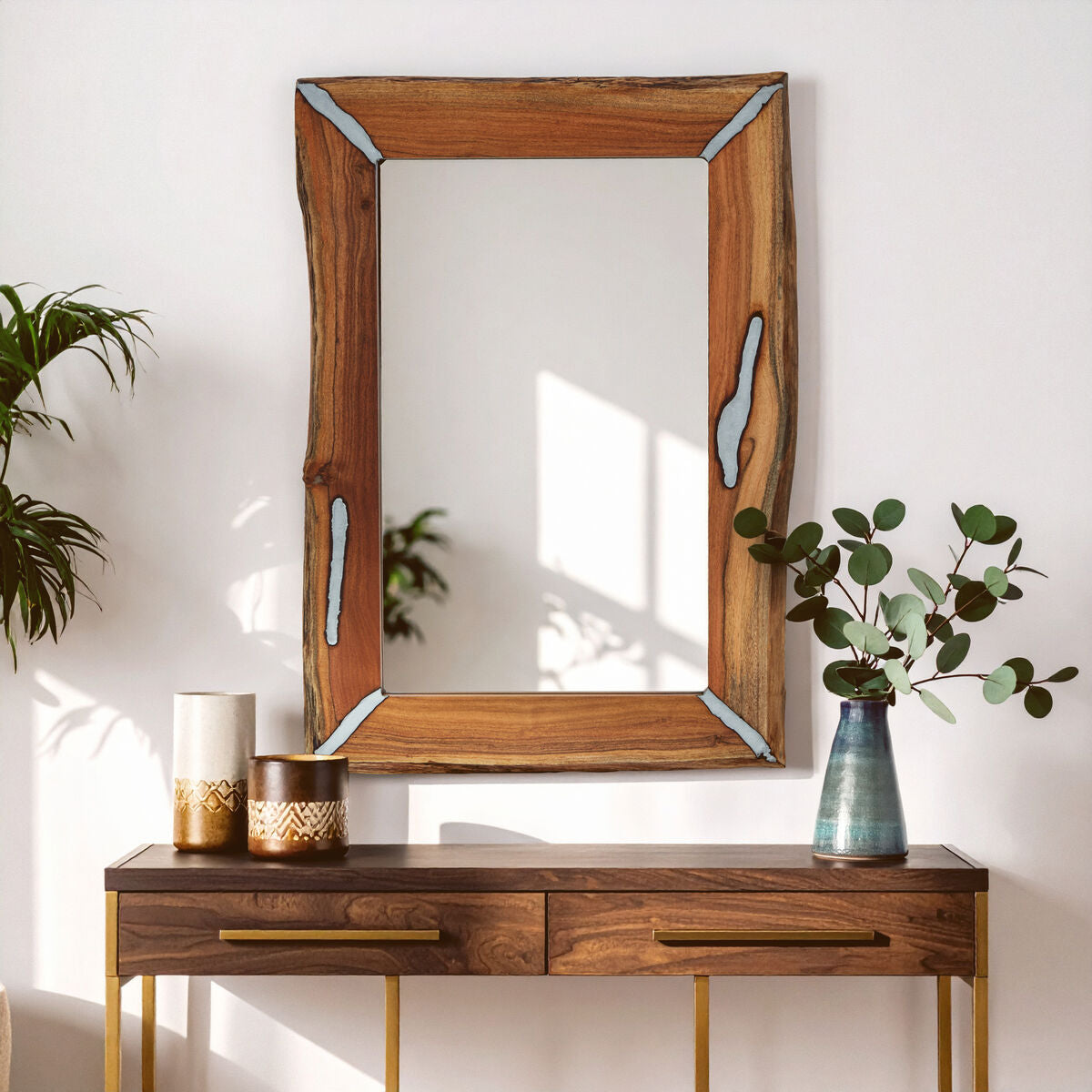 Acacia Wood Wall Mirror with Silver Inlay