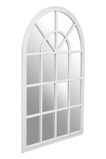 White Arched Wooden Frame Wall Mirror with Windowpane Design