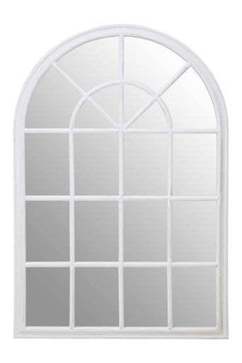 White Arched Wooden Frame Wall Mirror with Windowpane Design