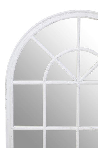 White Arched Wooden Frame Wall Mirror with Windowpane Design
