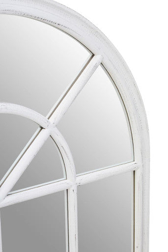 White Arched Wooden Frame Wall Mirror with Windowpane Design