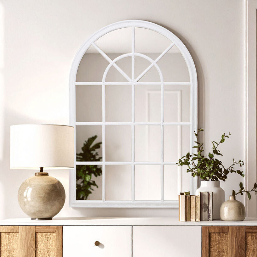 White Arched Wooden Frame Wall Mirror with Windowpane Design