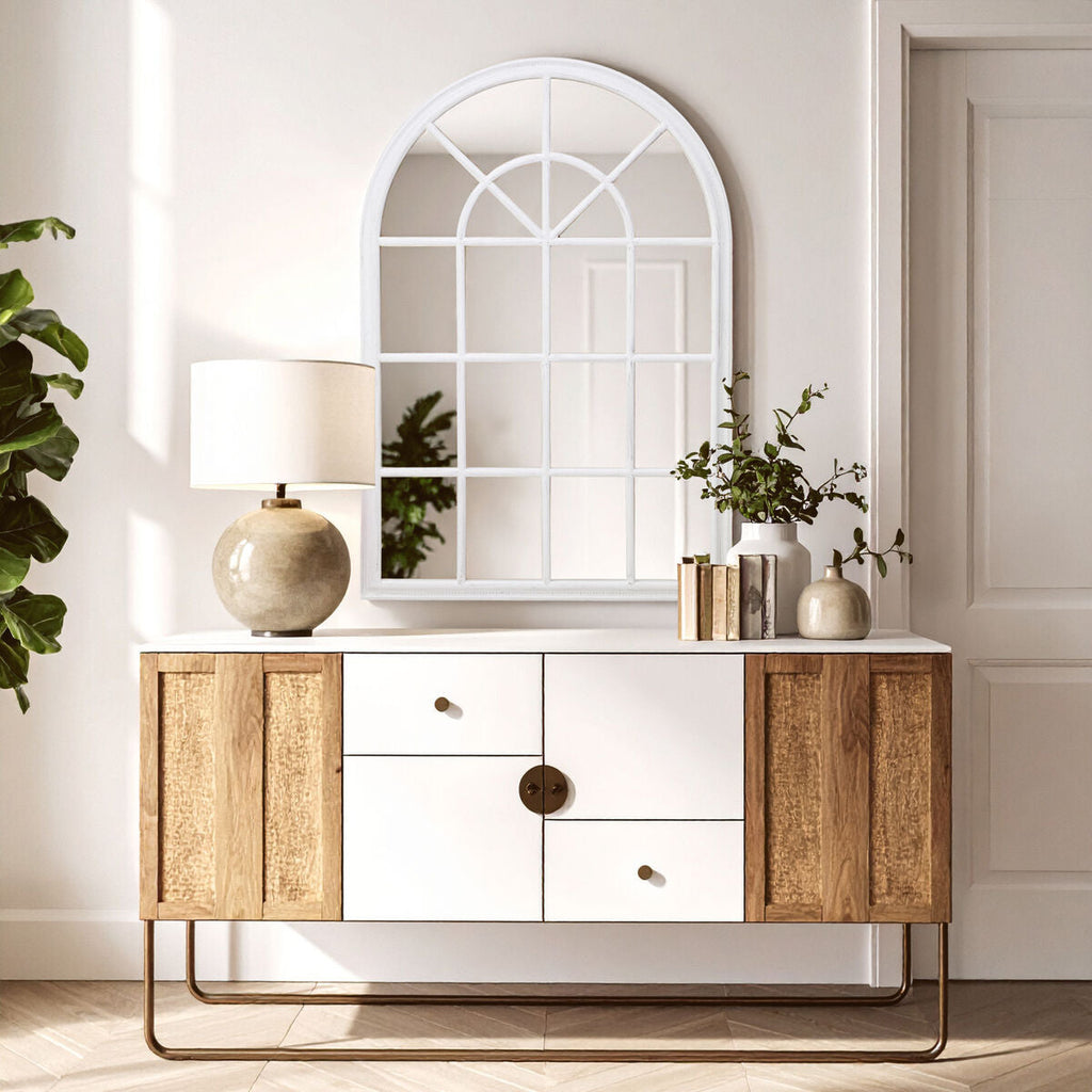 White Arched Wooden Frame Wall Mirror with Windowpane Design