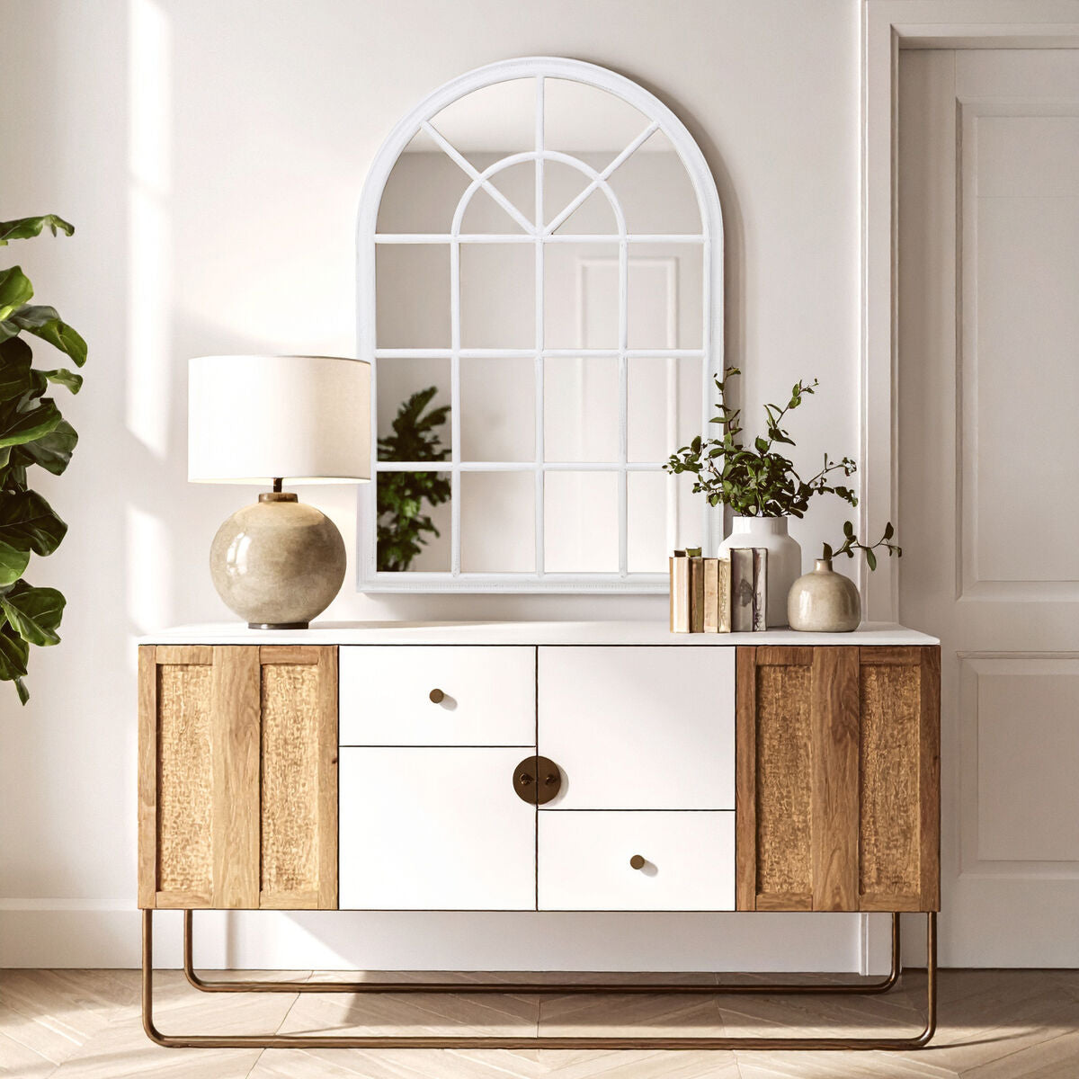 White Arched Wooden Frame Wall Mirror with Windowpane Design