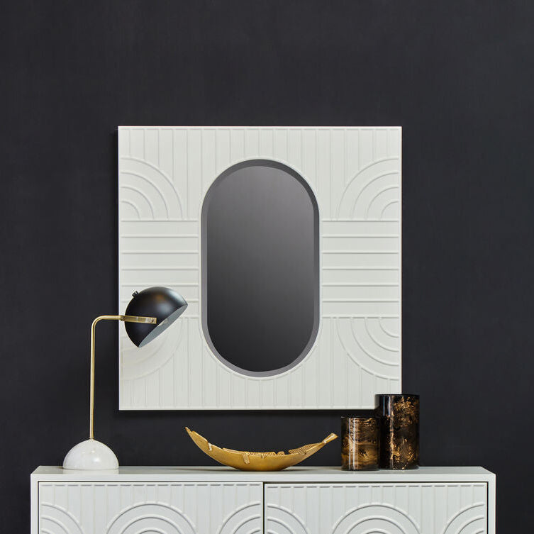 Off White Oval Wall Mirror with Sculpted Frame