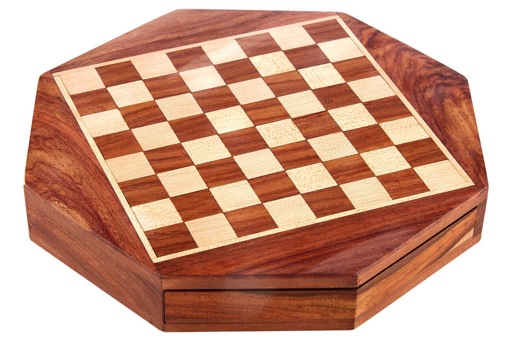 Octagonal Magnetic Chess Game in Polished Acacia Wood