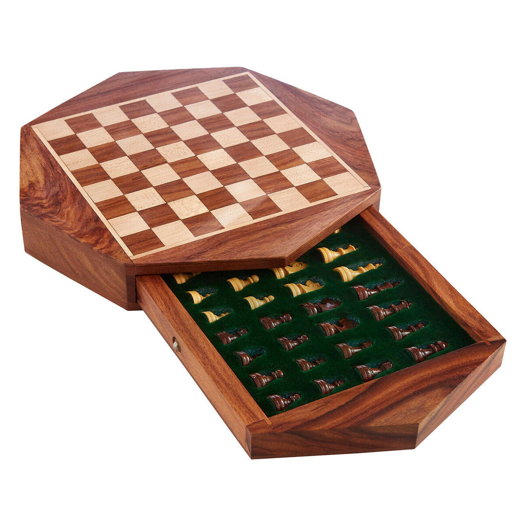 Octagonal Magnetic Chess Game in Polished Acacia Wood