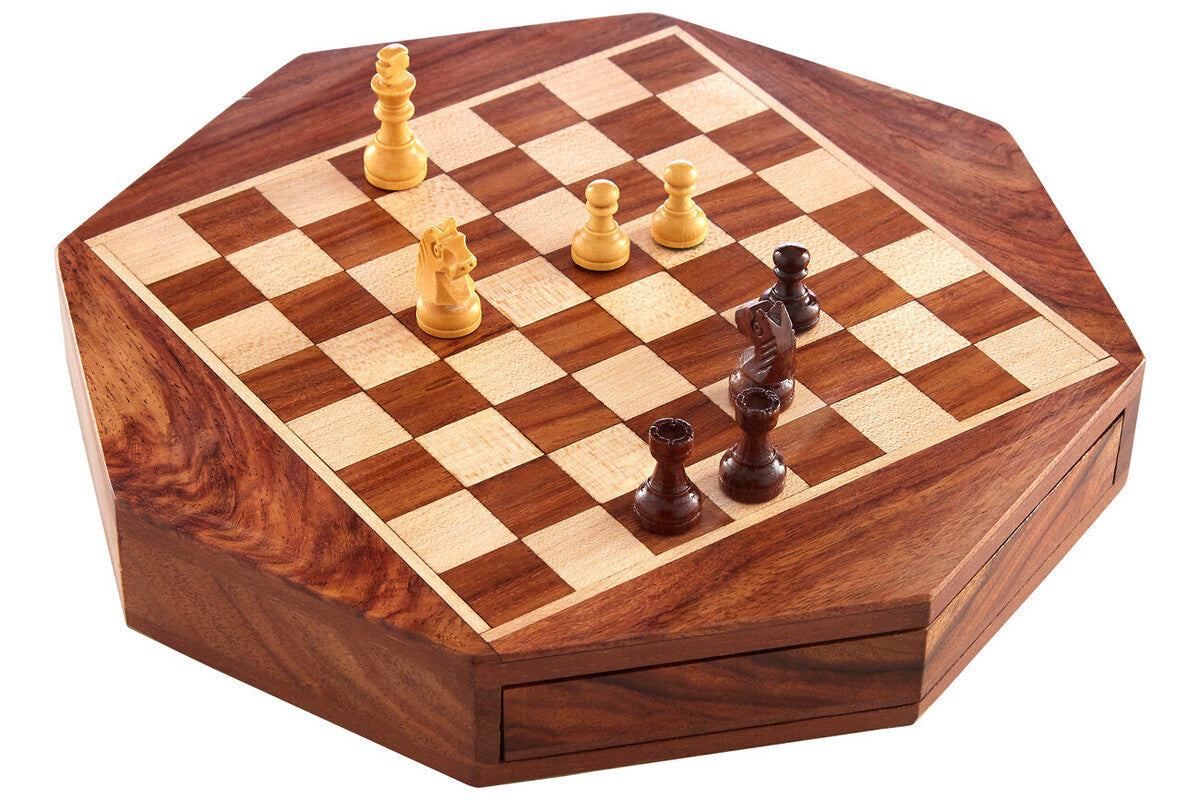 Octagonal Magnetic Chess Game in Polished Acacia Wood