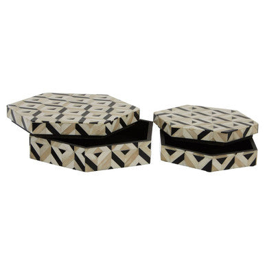 Ivory and Black Hexagonal Trinket Box Set of 2