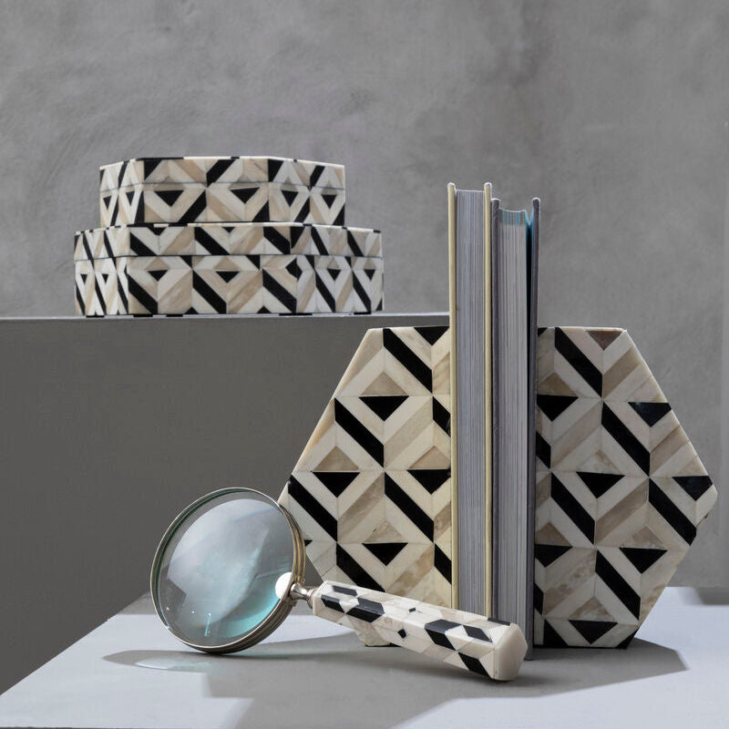 Ivory and Black Hexagonal Trinket Box Set of 2