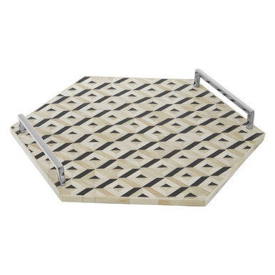 Ivory and Black Hexagon Tray with Silver Handles