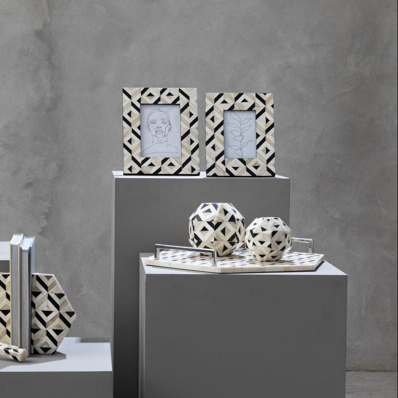 Ivory and Black Hexagon Tray with Silver Handles