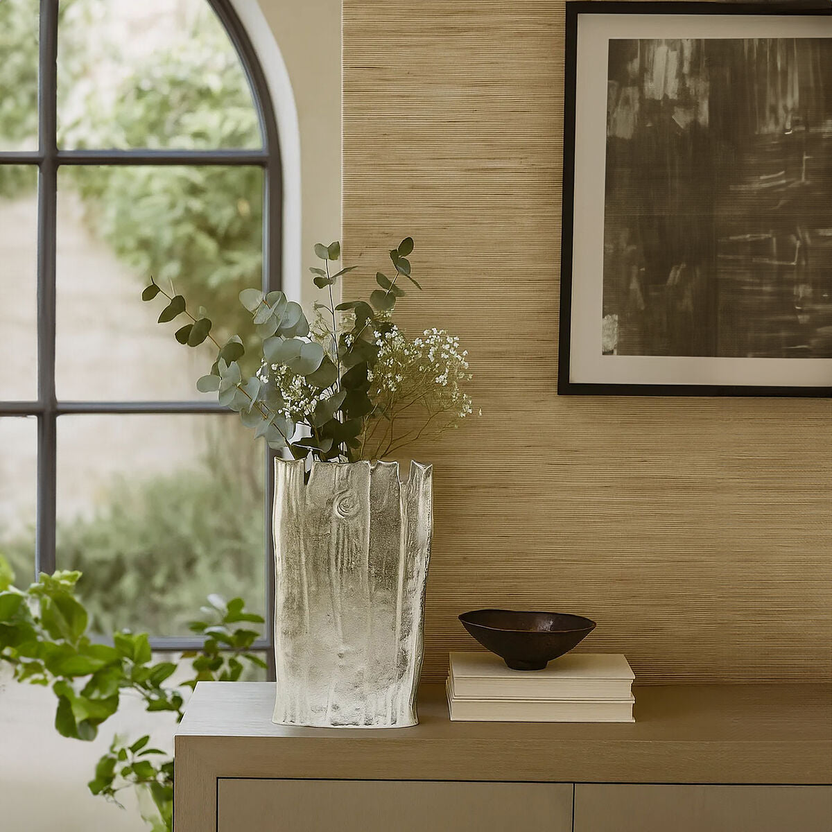 Large Silver Vase with Rippled Texture