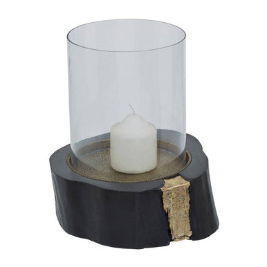 Large Hurricane Candle Holder in Black Wood and Gold