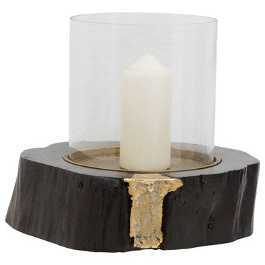 Large Hurricane Candle Holder in Black Wood and Gold