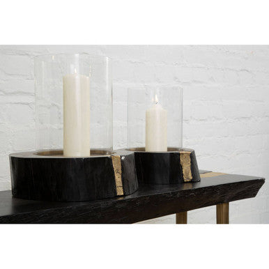 Large Hurricane Candle Holder in Black Wood and Gold