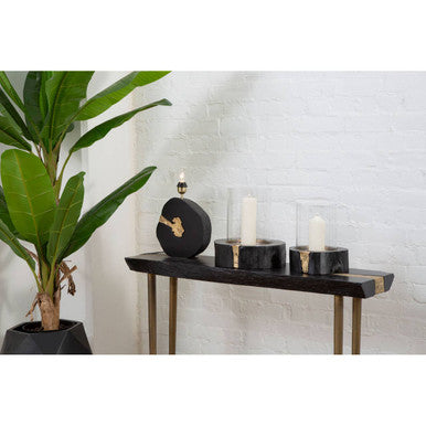 Large Hurricane Candle Holder in Black Wood and Gold