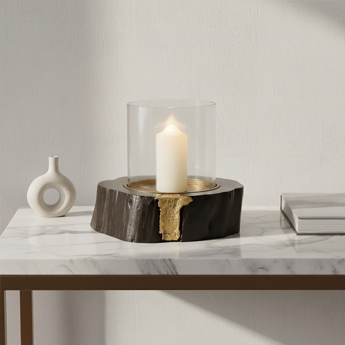 Large Hurricane Candle Holder in Black Wood and Gold