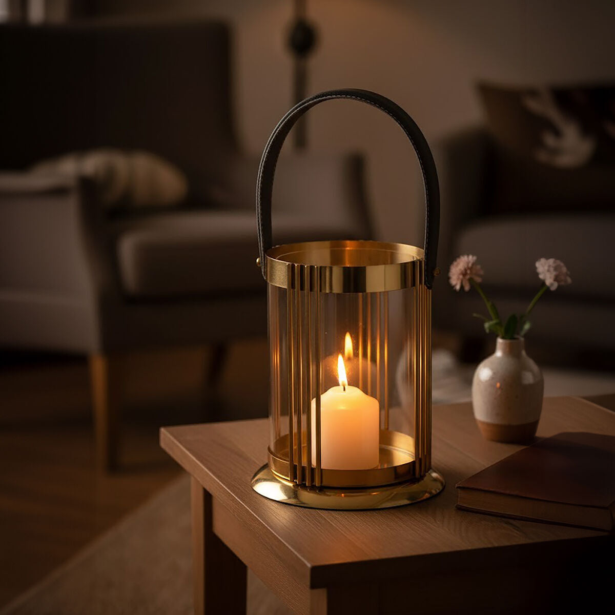 Small Gold Finish Lantern with Leather Handle