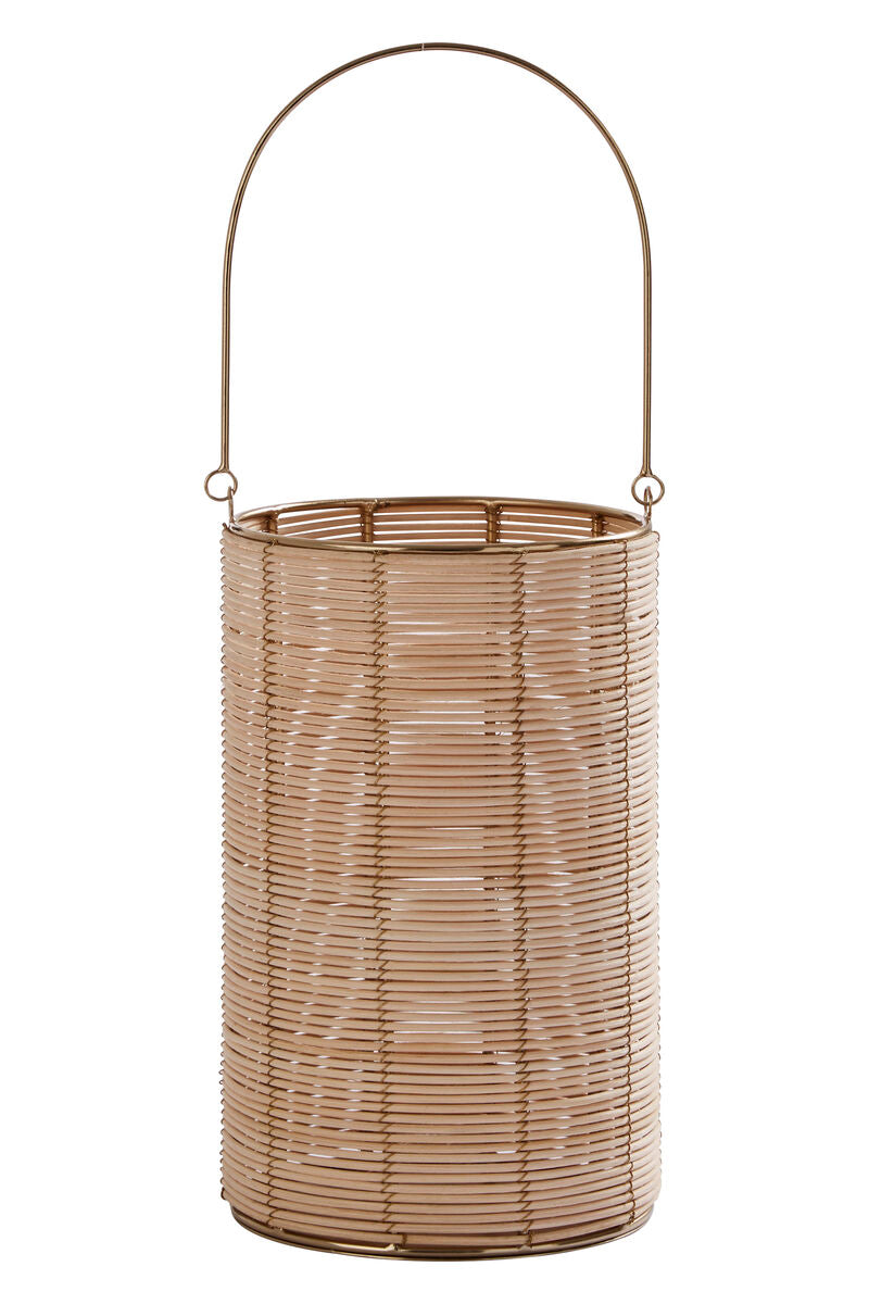 Medium Hurricane Candle Holder with Woven Rattan and Gold Accents