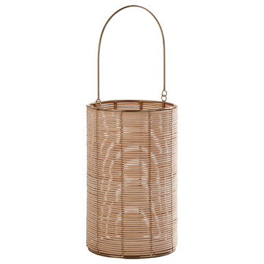 Medium Hurricane Candle Holder with Woven Rattan and Gold Accents