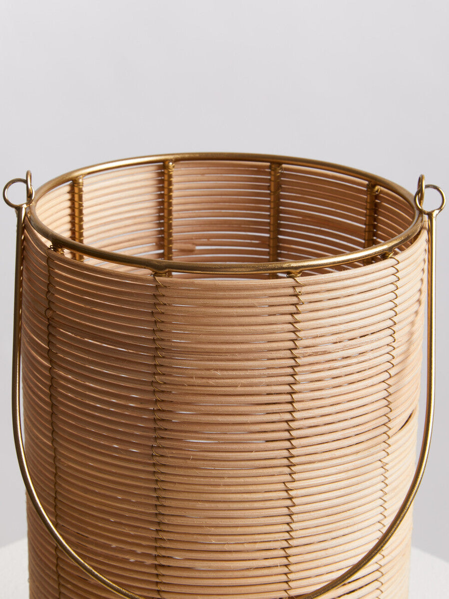 Medium Hurricane Candle Holder with Woven Rattan and Gold Accents
