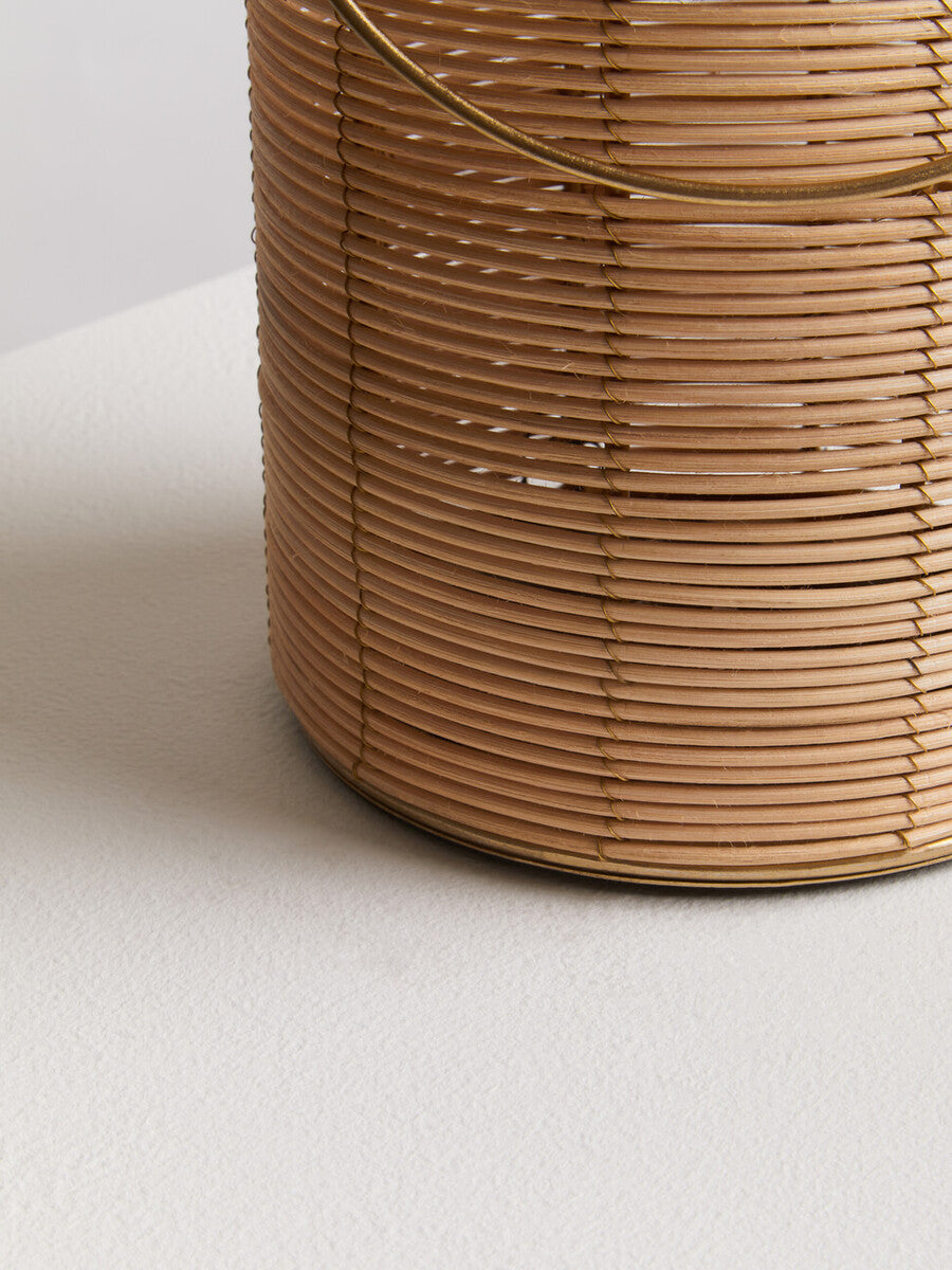 Medium Hurricane Candle Holder with Woven Rattan and Gold Accents