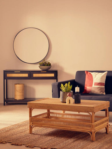 Medium Hurricane Candle Holder with Woven Rattan and Gold Accents