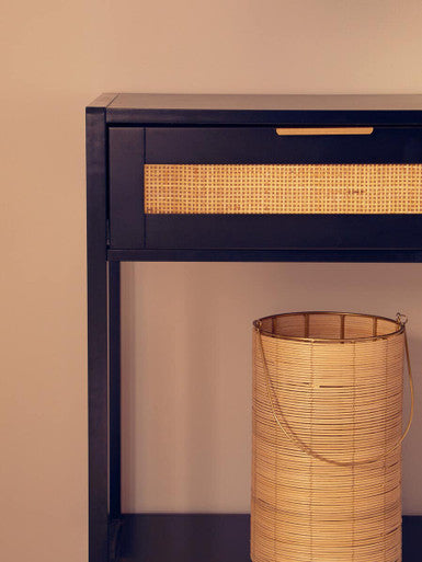 Medium Hurricane Candle Holder with Woven Rattan and Gold Accents