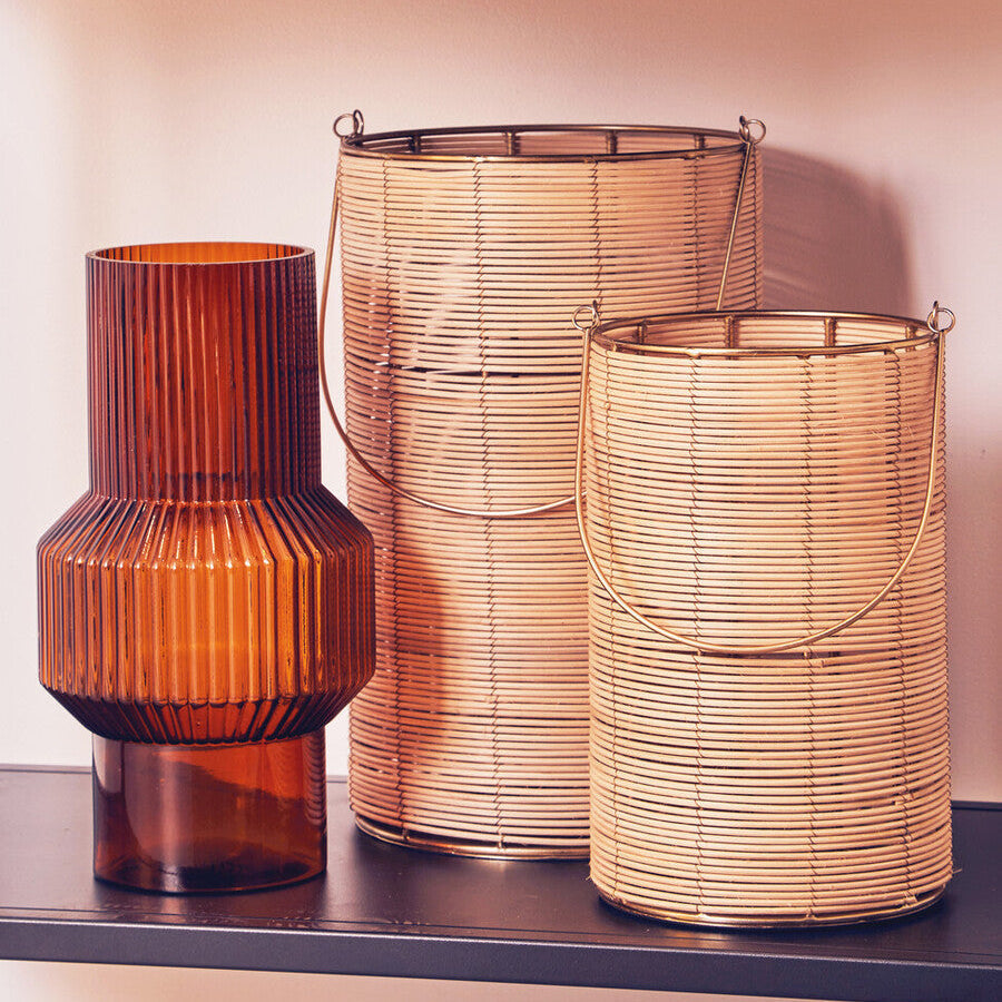 Medium Hurricane Candle Holder with Woven Rattan and Gold Accents